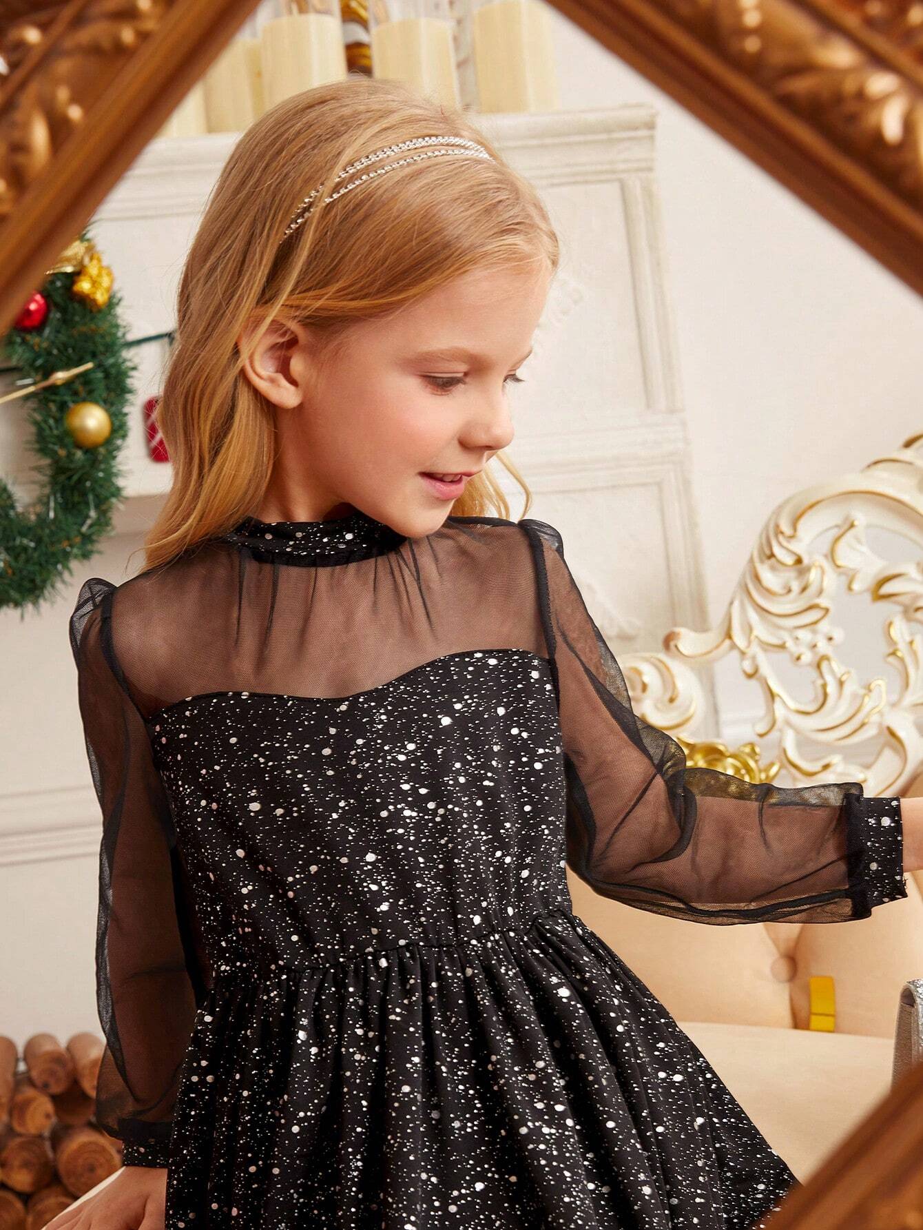 Young Girl Elegant Luxurious Ball Gown Black & Silver Foil Mesh Panel Long Sleeve Empire Waist Dress
