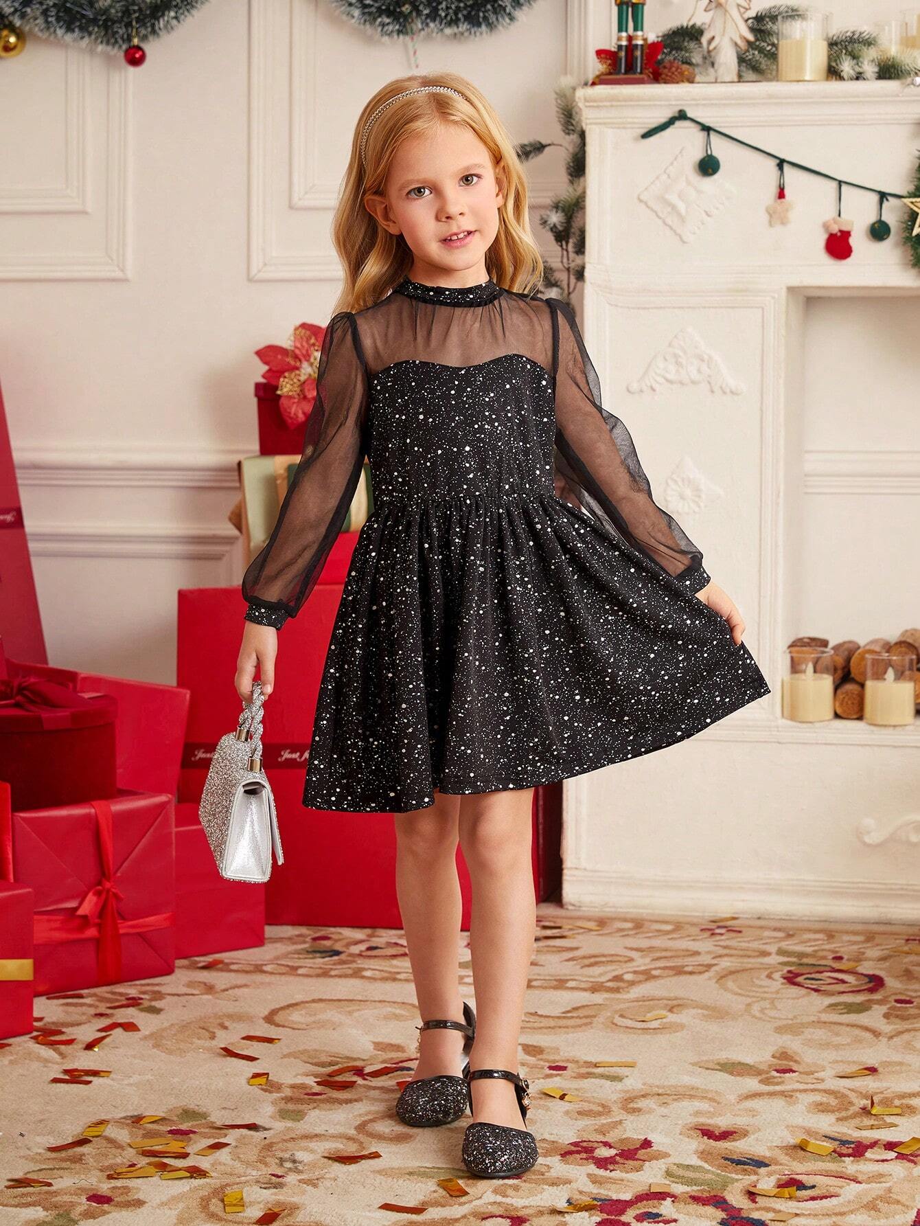 Young Girl Elegant Luxurious Ball Gown Black & Silver Foil Mesh Panel Long Sleeve Empire Waist Dress