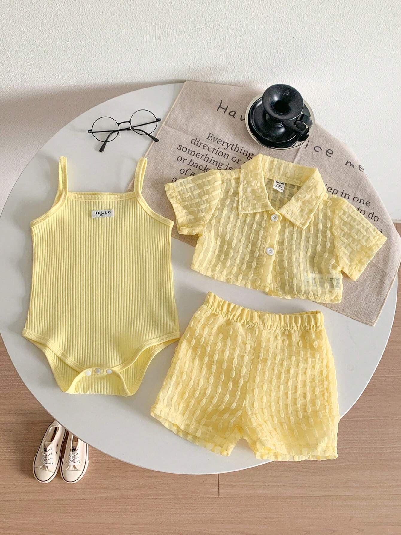 3pcs Baby Girls Vacation Casual Textured Fabric Shirt, Shorts + Jumpsuit Yellow