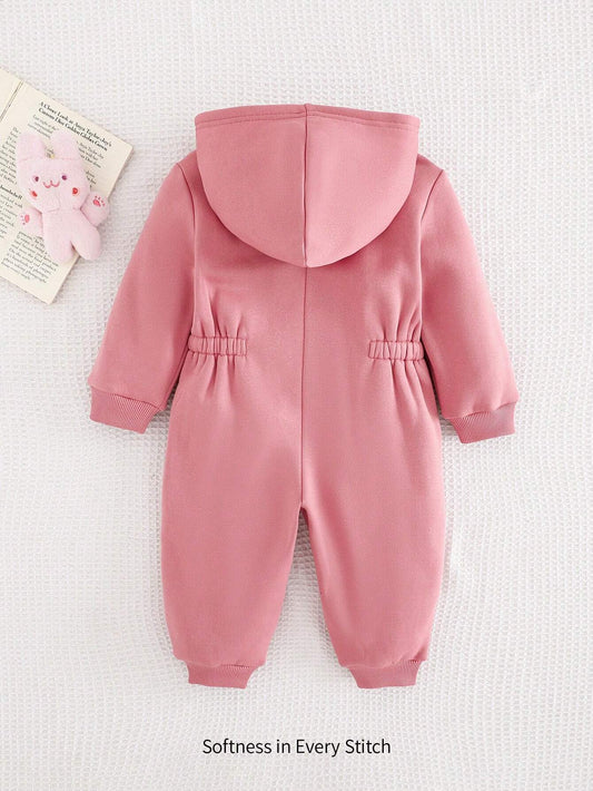 Baby Girl Cartoon Kitten Pattern Soft Knitted Hooded Long Sleeve One-Piece Jumpsuit