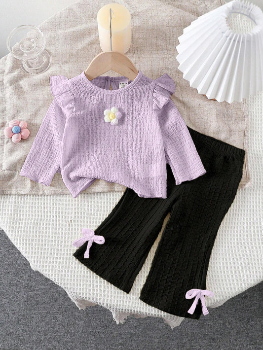 Baby Girl 2-Piece Korean Version Textured Set With 3D Floral Decor Flared Pants Purple