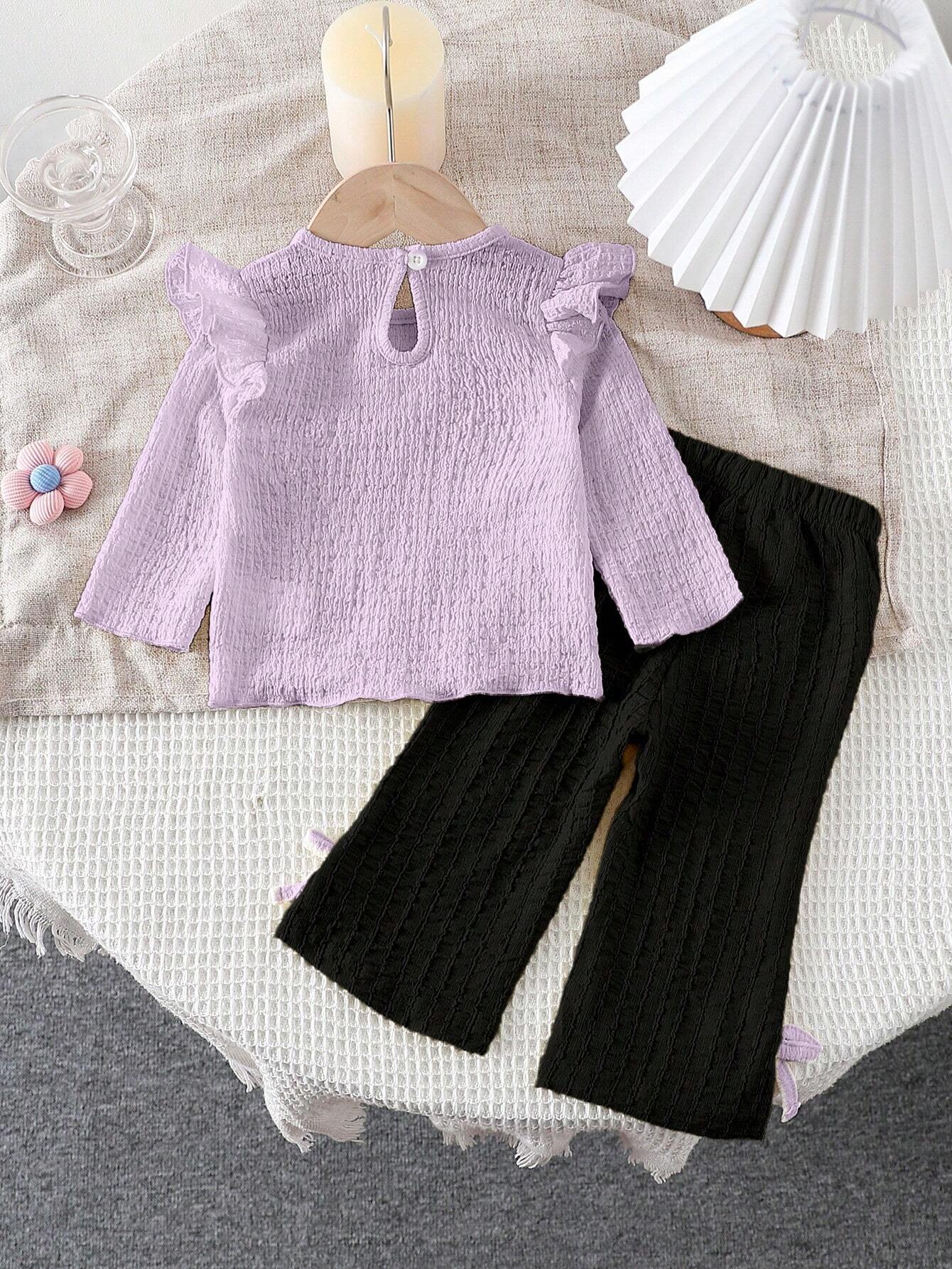 Baby Girl 2-Piece Korean Version Textured Set With 3D Floral Decor Flared Pants