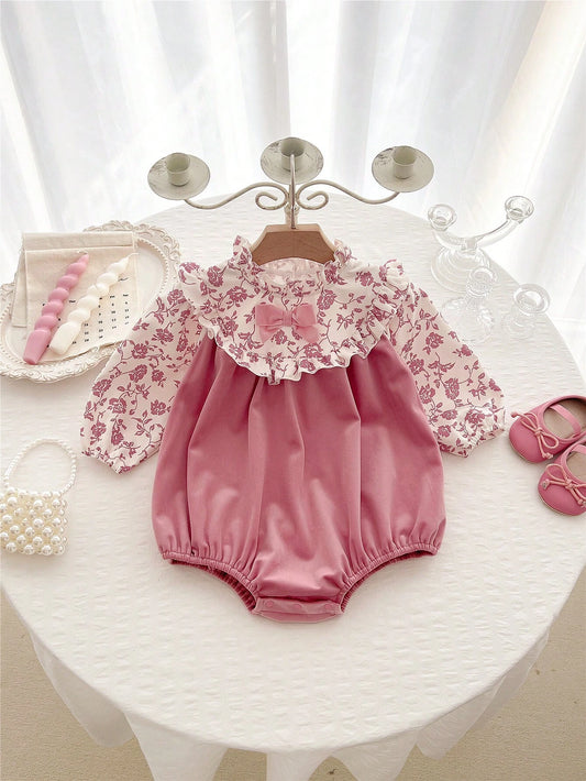 Baby Girl Ruffled Collar Long Sleeve Floral Bowknot Bodysuit Pink