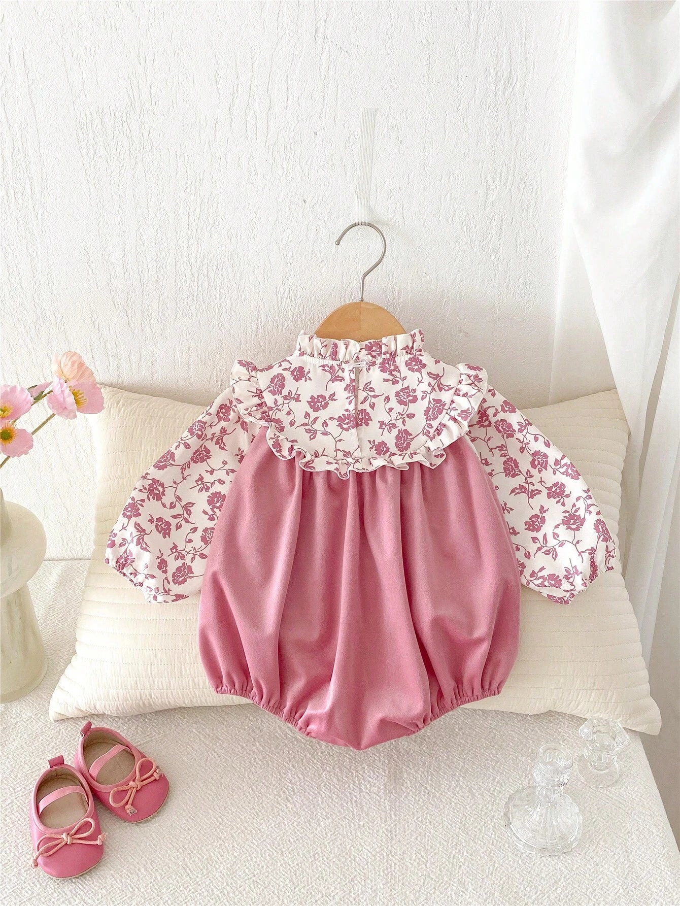 Baby Girl Ruffled Collar Long Sleeve Floral Bowknot Bodysuit