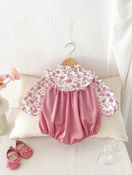 Baby Girl Ruffled Collar Long Sleeve Floral Bowknot Bodysuit