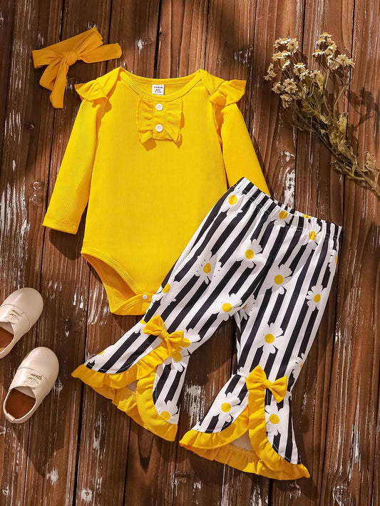 Wildeya Baby Girls' Long Sleeve Sunflower Romper Set Yellow