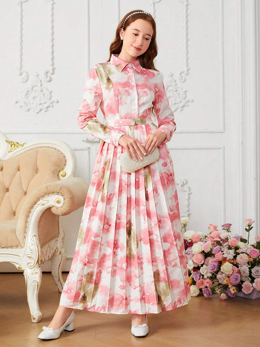 Teenage Girls Elegant Floral Print Collared Long Sleeve Pleated Hem Dress