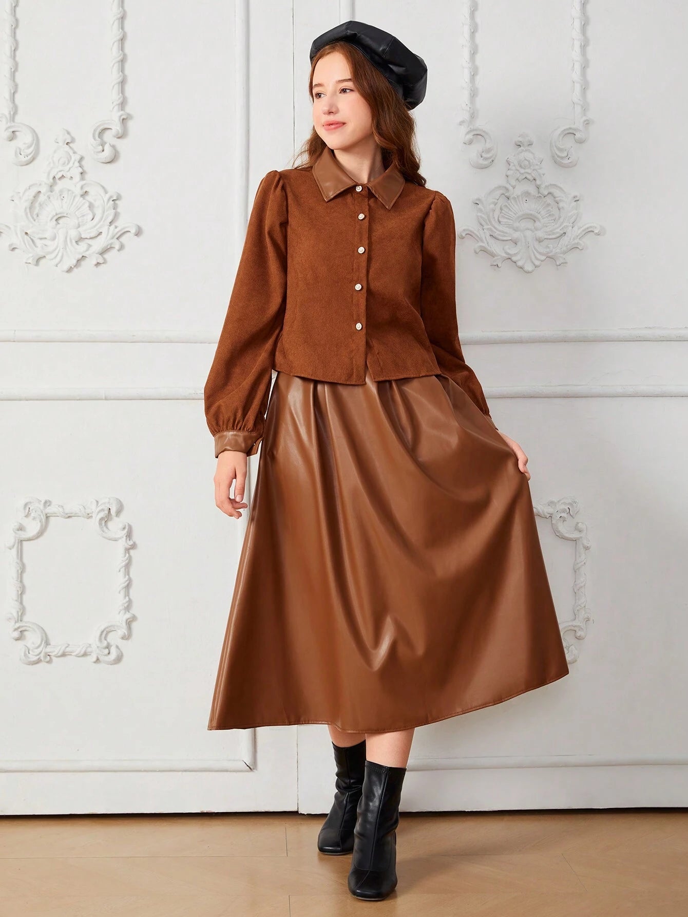 2pcs/Set Teenage Girls Elegant Vintage Brown Bubble Long Sleeve Blouse Top + PU Leather Mid-Length Skirt