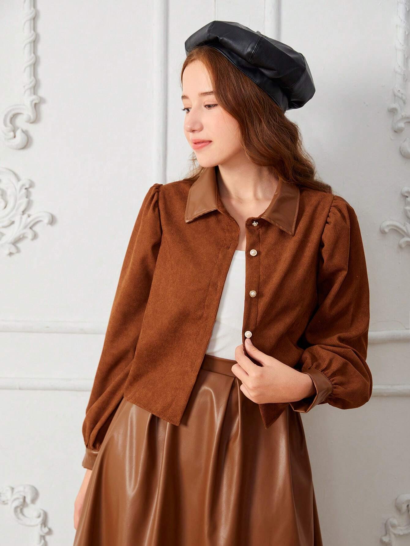 2pcs/Set Teenage Girls Elegant Vintage Brown Bubble Long Sleeve Blouse Top + PU Leather Mid-Length Skirt