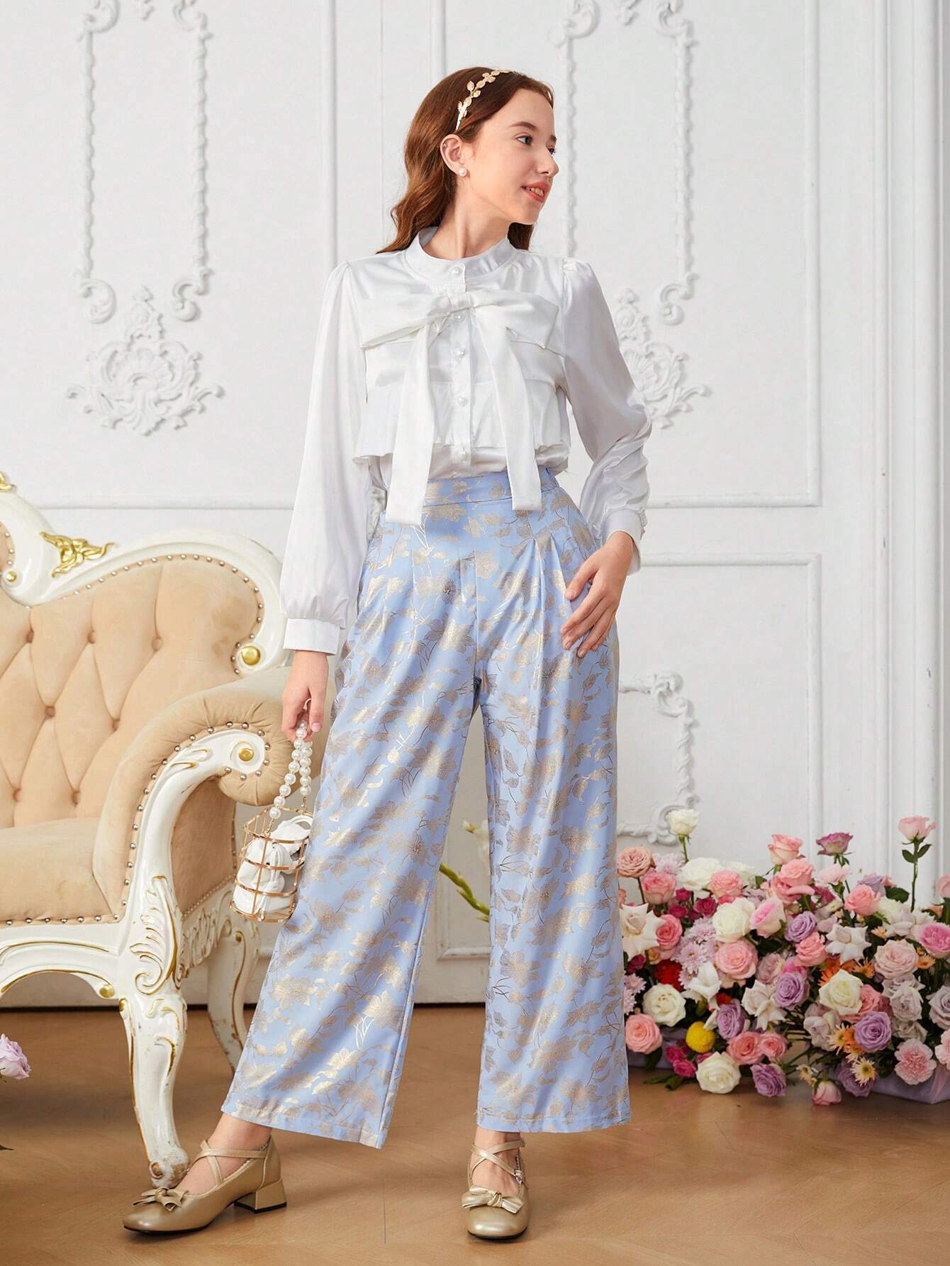 2pcs Teenage Girls Elegant White Puffy Sleeve Bow Shirt And High Waist Pleated Texture Wide Leg Pants
