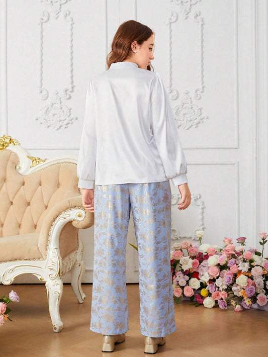 2pcs Teenage Girls Elegant White Puffy Sleeve Bow Shirt And High Waist Pleated Texture Wide Leg Pants
