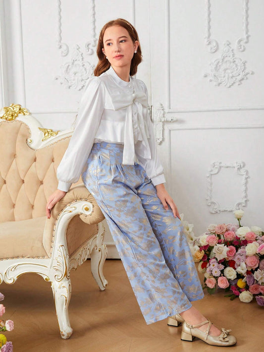 2pcs Teenage Girls Elegant White Puffy Sleeve Bow Shirt And High Waist Pleated Texture Wide Leg Pants Multicolor