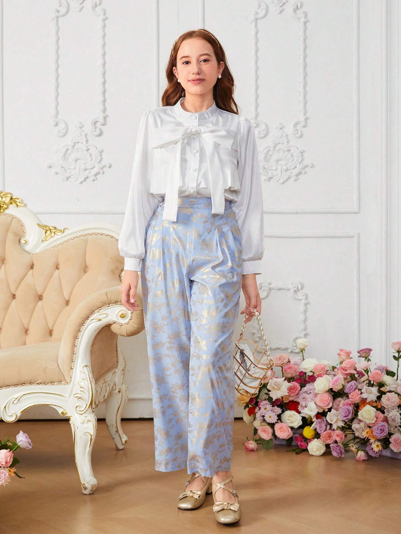 2pcs Teenage Girls Elegant White Puffy Sleeve Bow Shirt And High Waist Pleated Texture Wide Leg Pants
