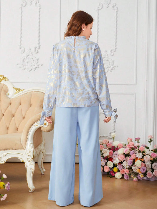2pcs/Set Elegant Floral Print Stand Collar Split Tie Sleeve Blouse & Pleated Wide Leg Pants