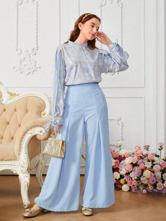 2pcs/Set Elegant Floral Print Stand Collar Split Tie Sleeve Blouse & Pleated Wide Leg Pants Multicolor