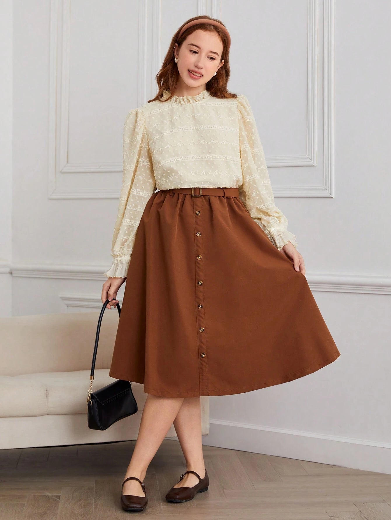2pcs/Set Teenager Girls Fashion Dress With Long Sleeve Jacquard Woven Fabric