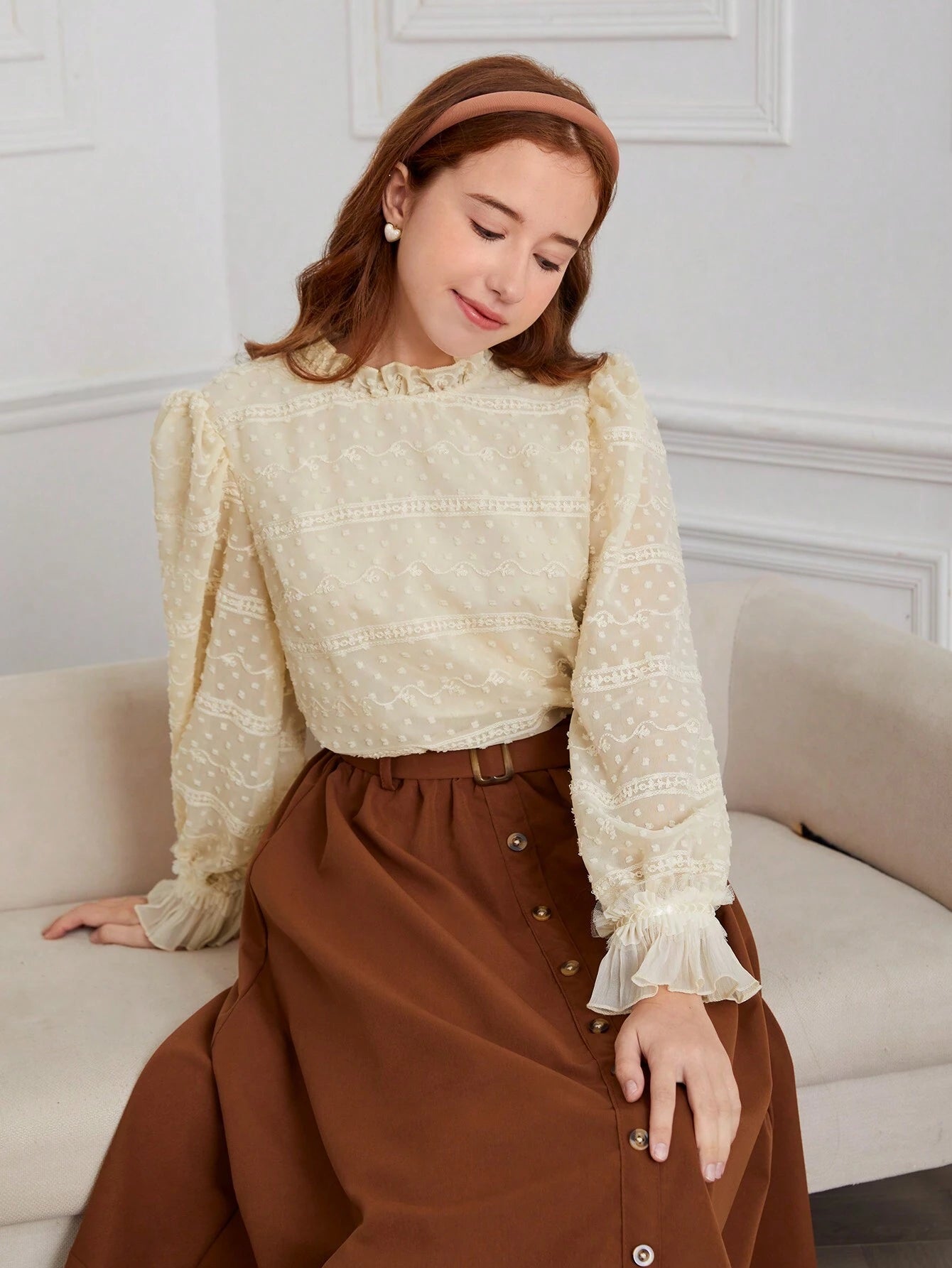 2pcs/Set Teenager Girls Fashion Dress With Long Sleeve Jacquard Woven Fabric
