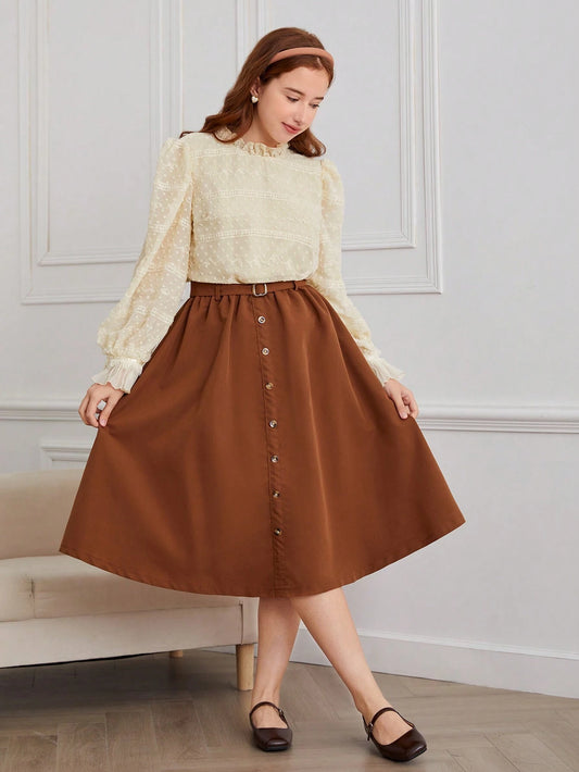 2pcs/Set Teenager Girls Fashion Dress With Long Sleeve Jacquard Woven Fabric Beige
