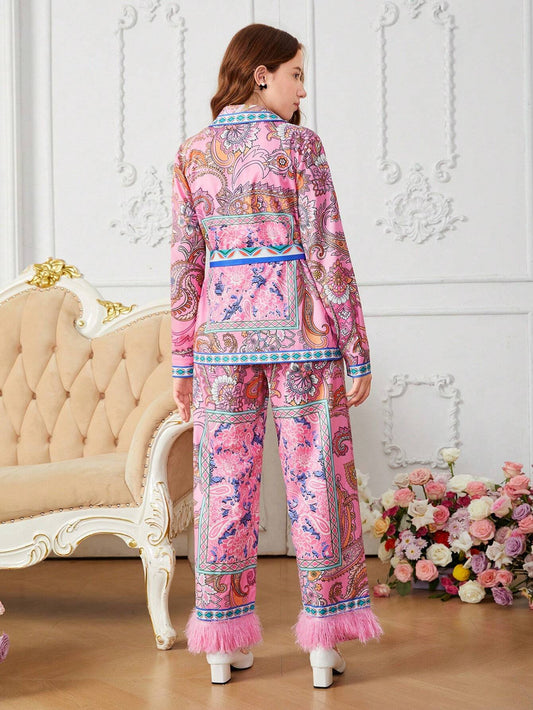 2pcs/Set Teenage Girls Elegant Floral Print Self-Tie Bow Collar Shirt And Fringed Wide Leg Pants