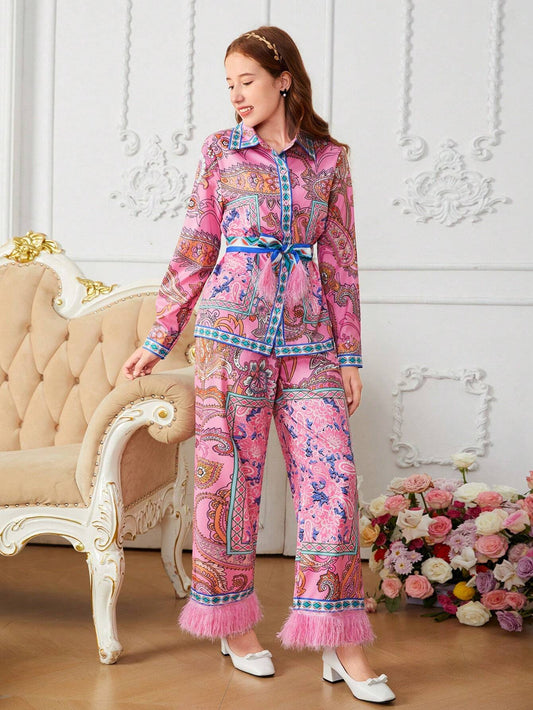 2pcs/Set Teenage Girls Elegant Floral Print Self-Tie Bow Collar Shirt And Fringed Wide Leg Pants Multicolor