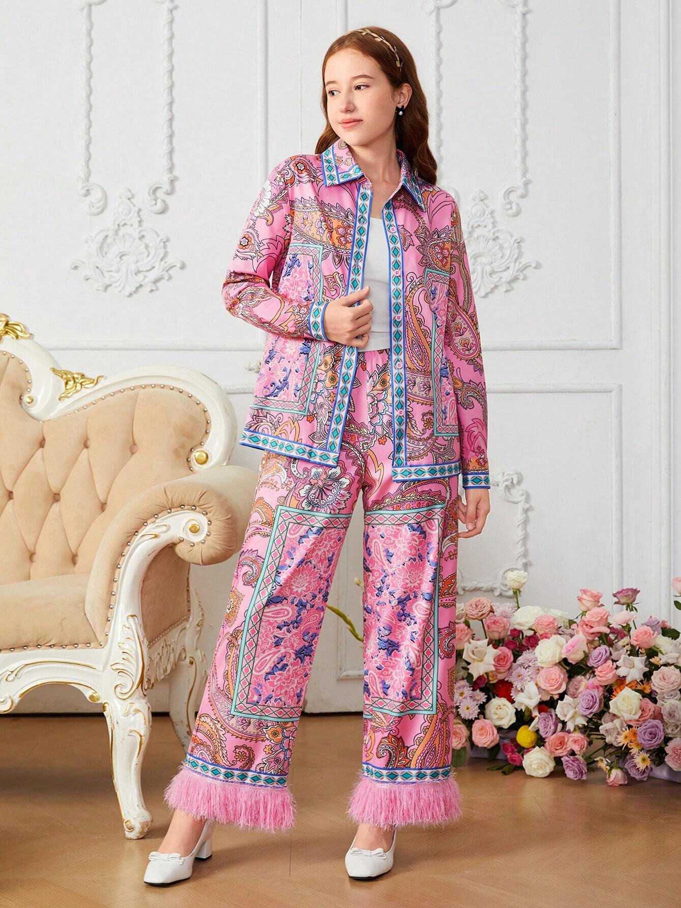 2pcs/Set Teenage Girls Elegant Floral Print Self-Tie Bow Collar Shirt And Fringed Wide Leg Pants