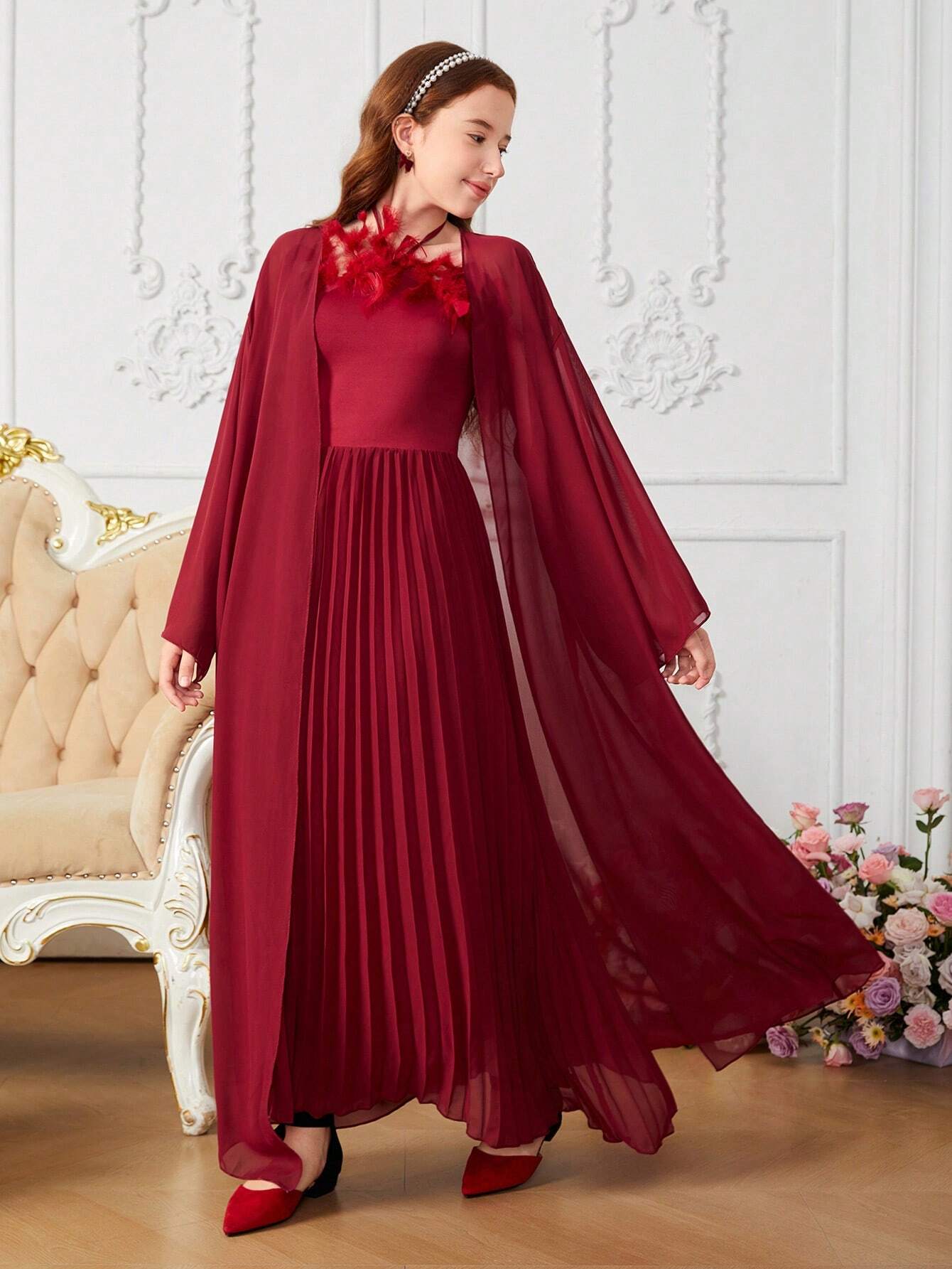 Elegant Feather Decorative High Neck Pleated Hem Long Dress And Open Front Long Sleeve Long Coat Set