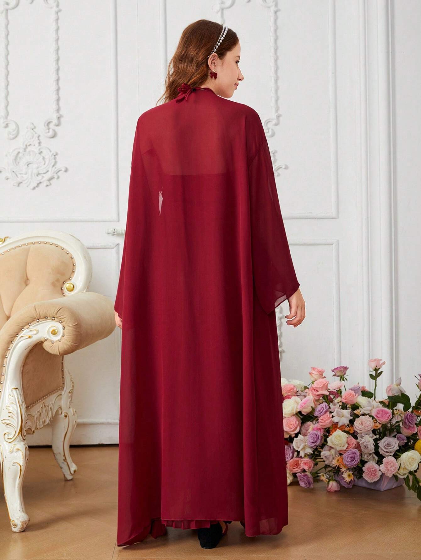 Elegant Feather Decorative High Neck Pleated Hem Long Dress And Open Front Long Sleeve Long Coat Set