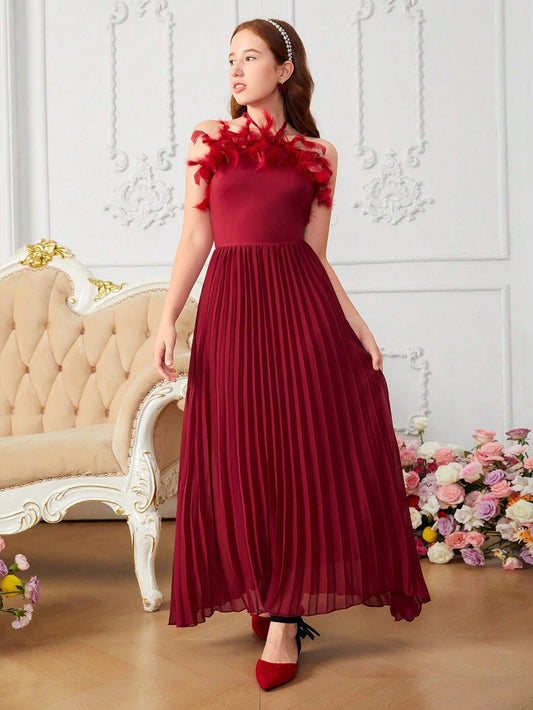 Elegant Feather Decorative High Neck Pleated Hem Long Dress And Open Front Long Sleeve Long Coat Set