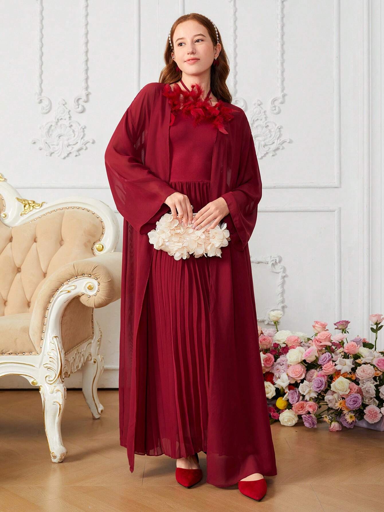 Elegant Feather Decorative High Neck Pleated Hem Long Dress And Open Front Long Sleeve Long Coat Set Burgundy
