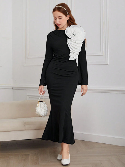 Teen Girl Elegant 3D Floral Decor Round Neck Long Sleeve Mermaid Hem Fitted Long Dress Black