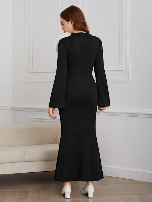 Teen Girl Elegant 3D Floral Decor Round Neck Long Sleeve Mermaid Hem Fitted Long Dress