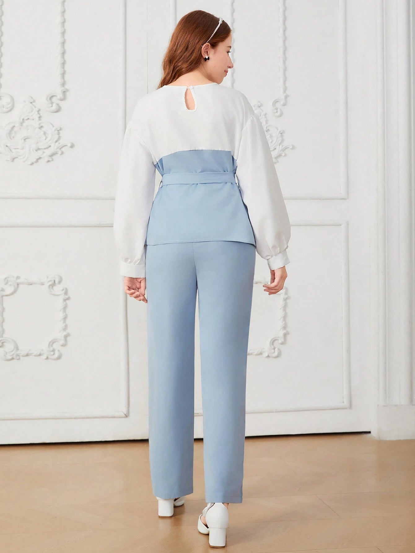 2pcs Teenage Girls Elegant Color Block Lantern Sleeve Bow Tie Blouse Top & Loose Pants