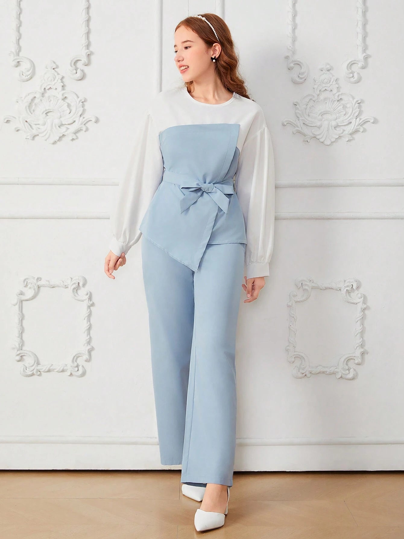2pcs Teenage Girls Elegant Color Block Lantern Sleeve Bow Tie Blouse Top & Loose Pants Baby Blue