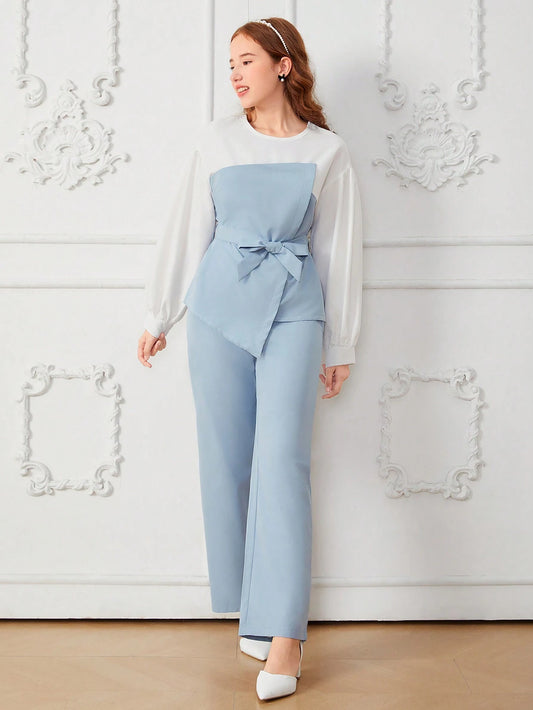 2pcs Teenage Girls Elegant Color Block Lantern Sleeve Bow Tie Blouse Top & Loose Pants Baby Blue
