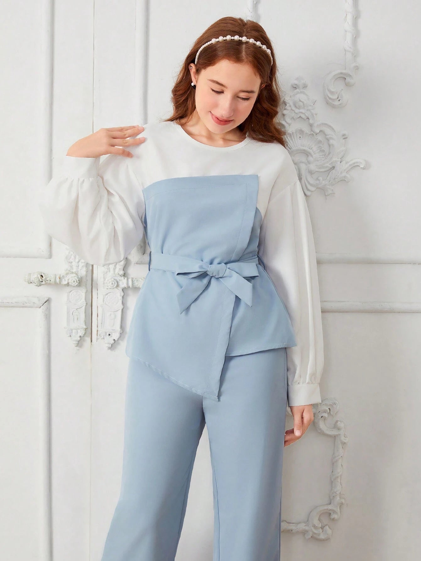 2pcs Teenage Girls Elegant Color Block Lantern Sleeve Bow Tie Blouse Top & Loose Pants