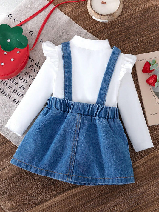 3pcs/Set Baby Girls Fashion Casual Solid Top + Stylish Strawberry Tassel Suspender Skirt + Matching Strawberry Bag