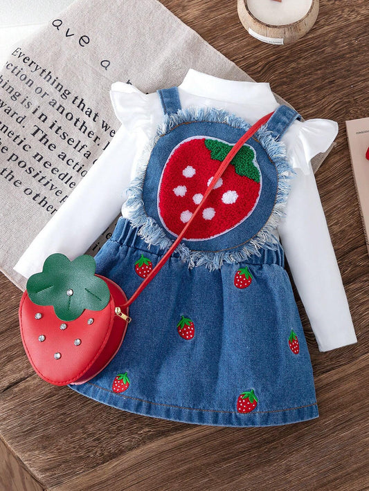 3pcs/Set Baby Girls Fashion Casual Solid Top + Stylish Strawberry Tassel Suspender Skirt + Matching Strawberry Bag White
