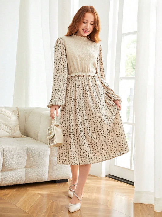 Teen Girl Brown Knitted Solid Color Jacquard Patchwork Floral Long Dress Khaki
