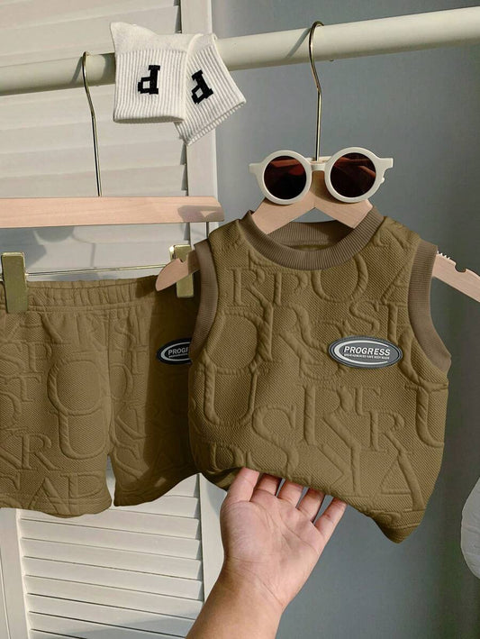 Baby Boys Casual Minimalist Active 3D Letter & Floral Pattern Sleeveless Top & Shorts Khaki 6-9M