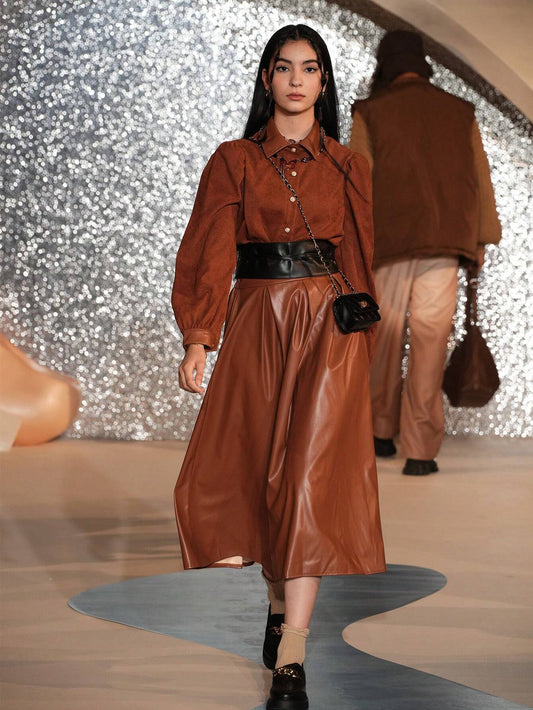 2pcs/Set Teenage Girls Elegant Vintage Brown Bubble Long Sleeve Blouse Top + PU Leather Mid-Length Skirt Khaki