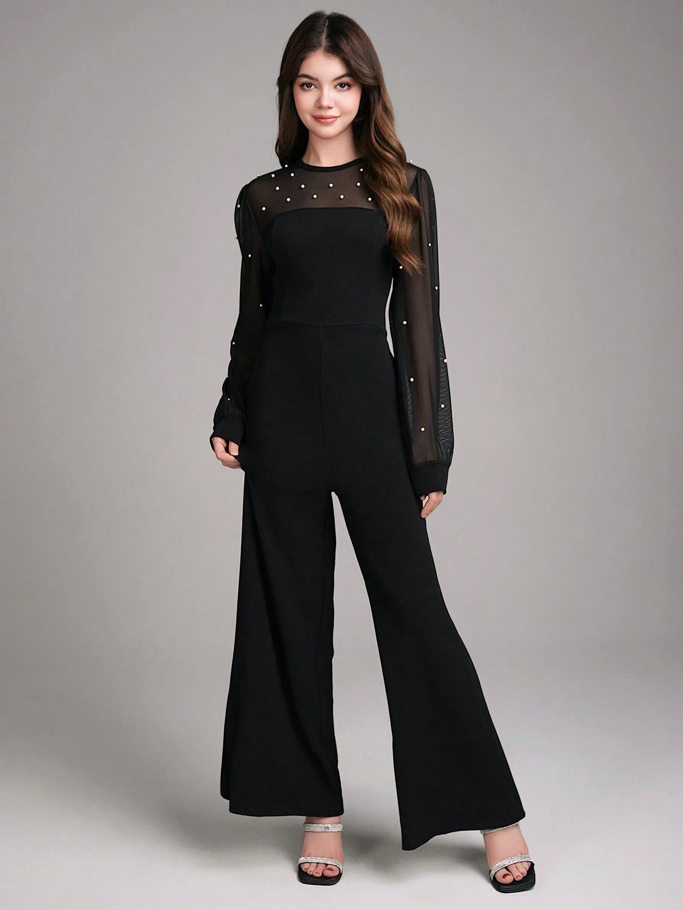 Teen Girl Elegant Party Prom Faux Pearl & Mesh Contrast Jumpsuit