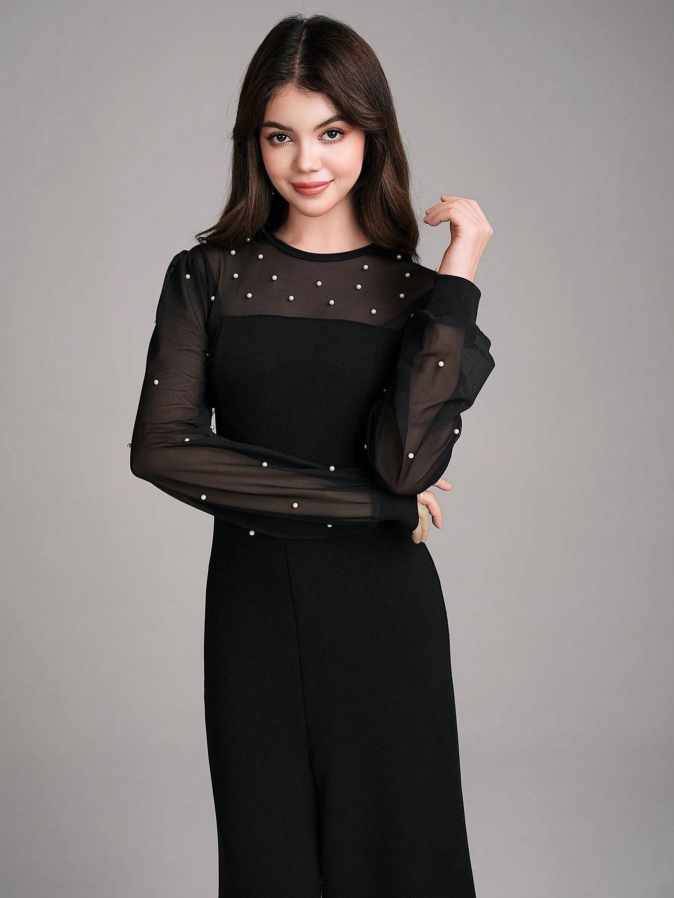 Teen Girl Elegant Party Prom Faux Pearl & Mesh Contrast Jumpsuit