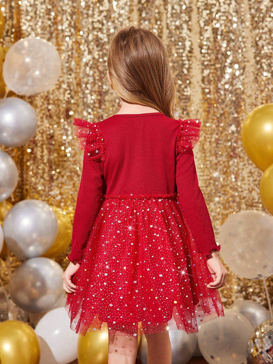 Young Girls & Toddler Girls Elegant Knit Contrast Mesh Dress