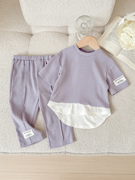 Baby Girl Cute Color Block Knit 2 In 1 Mid-Length Sleeve Top And Elastic Waist Long Pants Purple