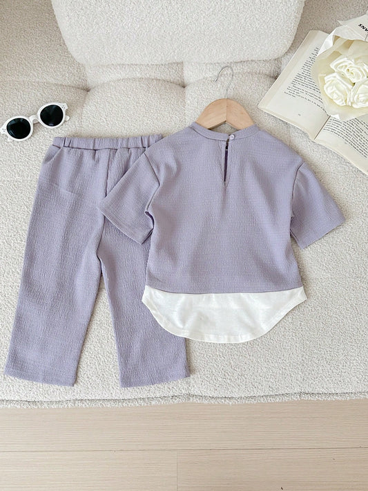 Baby Girl Cute Color Block Knit 2 In 1 Mid-Length Sleeve Top And Elastic Waist Long Pants