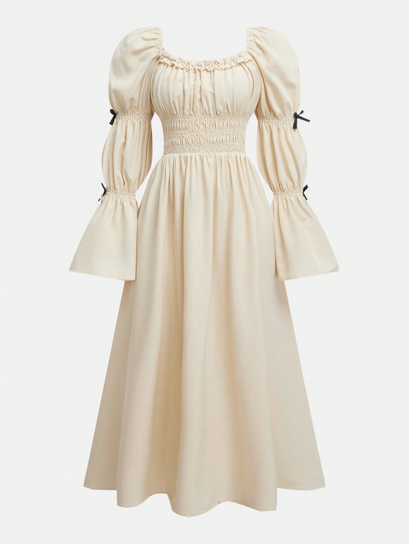 Lunivi Elegant Young Women's Puffed Sleeve Ruched Waist Dress Apricot