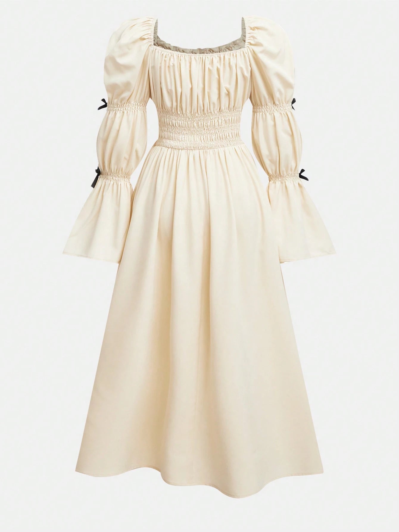 Lunivi Elegant Young Women's Puffed Sleeve Ruched Waist Dress