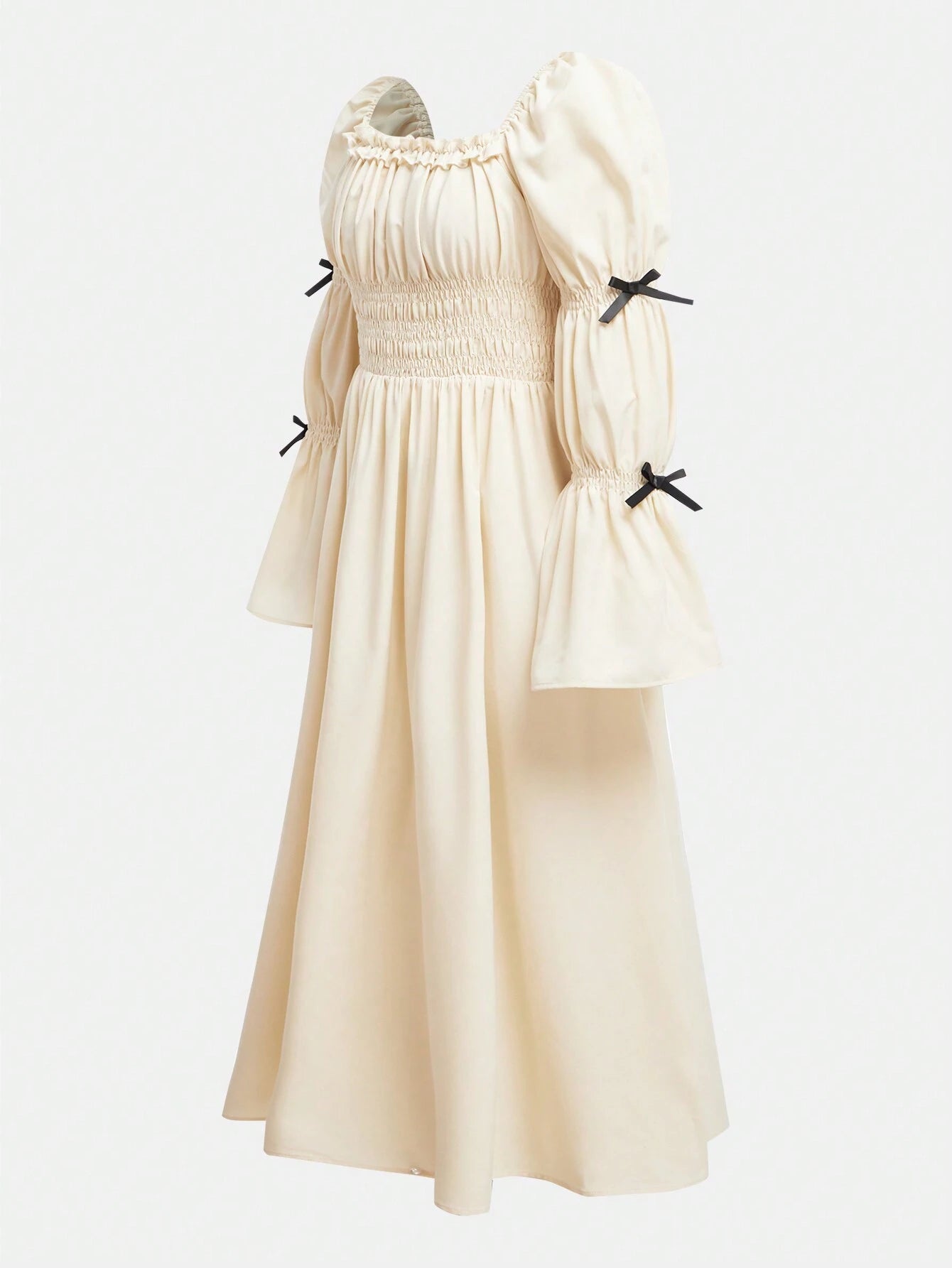 Lunivi Elegant Young Women's Puffed Sleeve Ruched Waist Dress