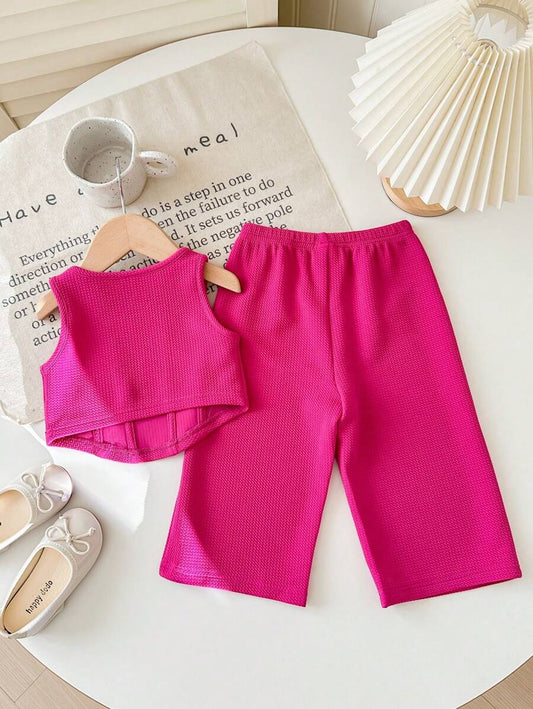 Baby Girls Cute Knit Pink Tank Top And Elastic Waist Pants