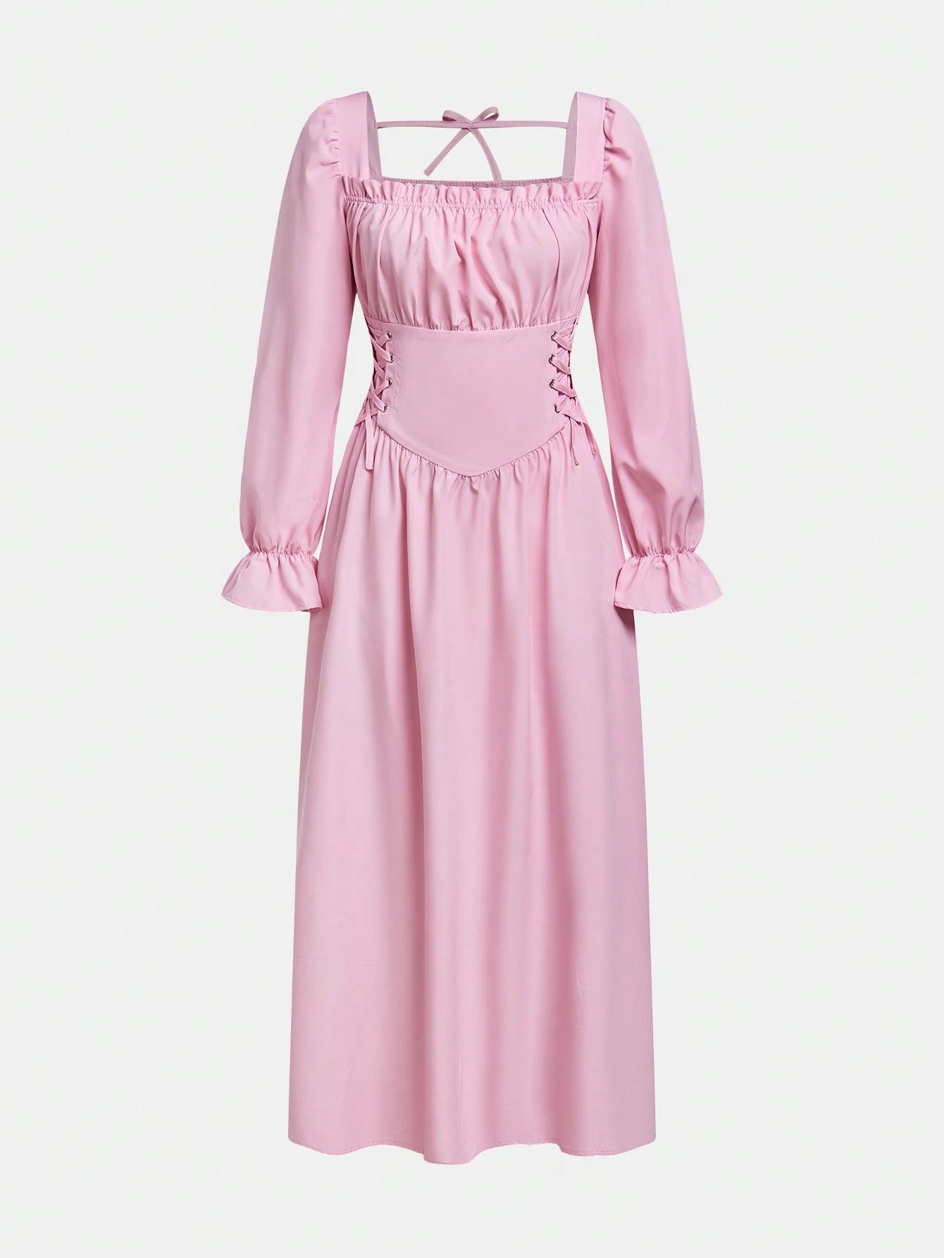 Teen Girl Gothic Style Long Sleeve Long Dress With Square Neckline Waist Cinched Pink